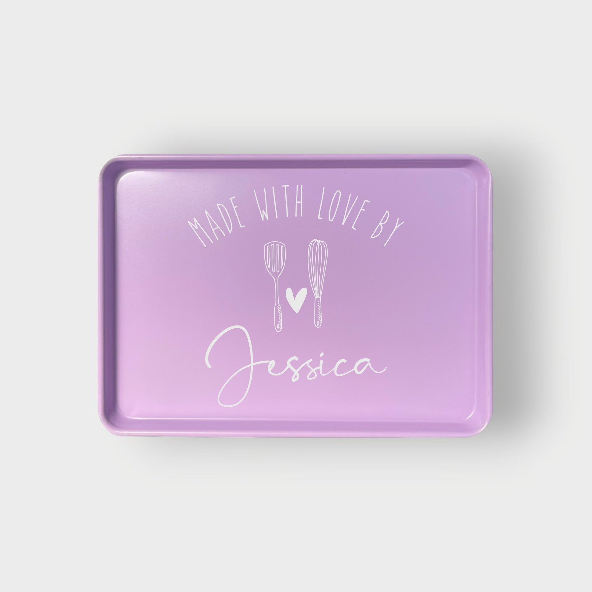 Purple sheet pan with 'Made with Love by Jessica' engraved into the pan