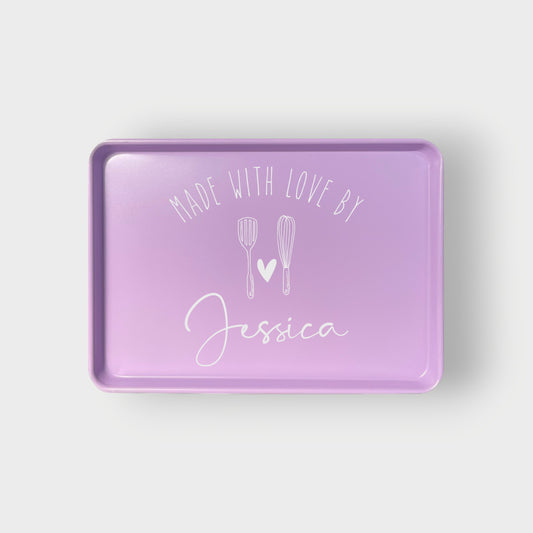 Purple sheet pan with 'Made with Love by Jessica' engraved into the pan